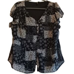 Essentials by Milano Black Patch‎ Print Blouse L Sheer Ruffle Sleeve Lined Top